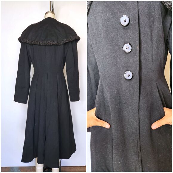 40s 50s Black WOOL Princess Coat w Large Collar Fit and Flare Wasp Waist Coat XS - Picture 8 of 10